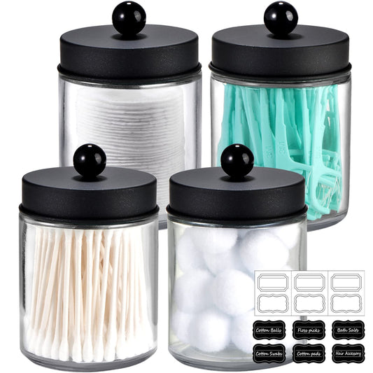 Amolliar 4 Pack Glass Apothecary Jars Bathroom Vanity Storage Organizer Set-Qtip Dispenser Holder with Stainless Steel Lids &Cute Stickers-Countertop Canister for Qtips,Cotton Swabs,Makeup Sponges