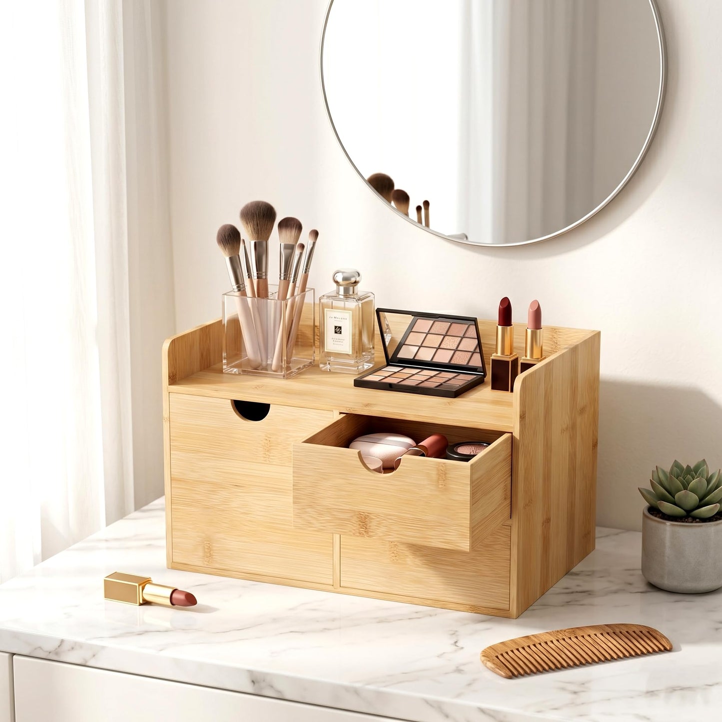 Wisuce Desk Organizer with Drawers - Bamboo Desktop Organizer Storage Natural Wood Desk Drawers Organizer for Bills, Office Supplies, Cosmetics, Seals No Assembly Required 3 Drawers（left-right)