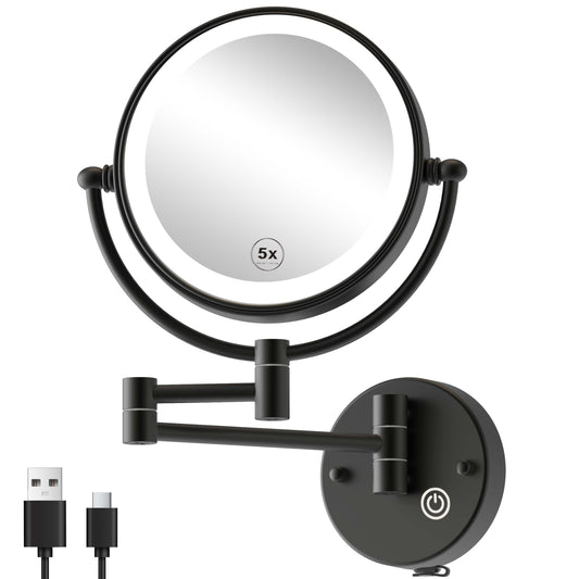 RECKODOR Upgraded Rechargeable Brass Wall Mounted Makeup Mirror with Light 1X/5X Magnifying, Cordless 3-Colors LED Touch Dimmable Extended Arm 360 Rotation Vanity Mirror for Bathroom, Matt Black