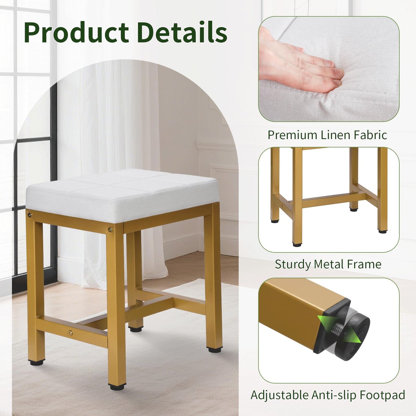 FLYZC Vanity Stool, Vanity Chair for Makeup Room, Square Linen Small Ottoman Foot Stool with Metal Legs, Modern Makeup Chair for Bedroom, Living Room, Gold & Off White