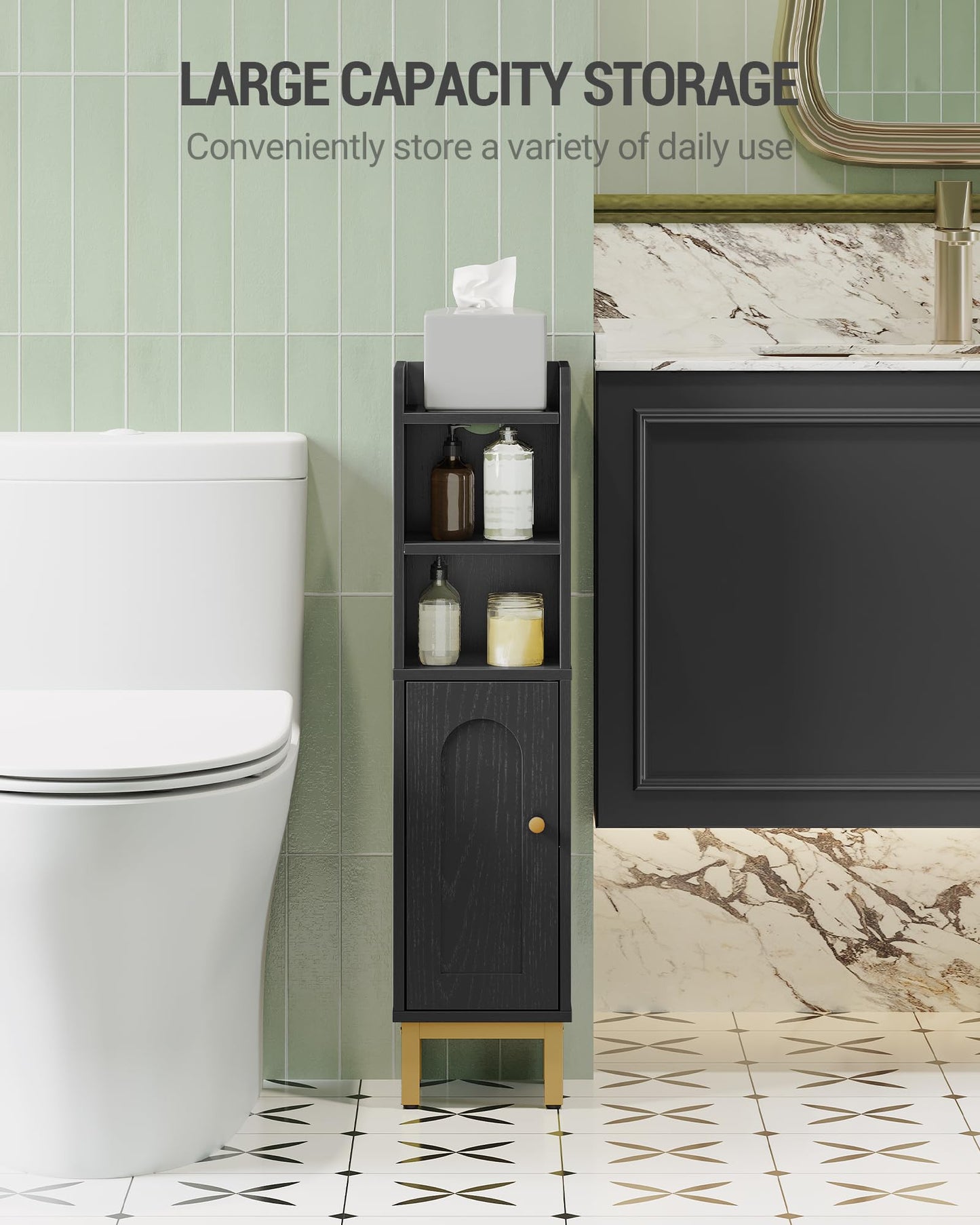 Hzuaneri Bathroom Storage Cabinet, Small Corner Floor Cabinet with Door and Shelves, Narrow Toilet Paper Holder, Bathroom Organizer with Adjustable Shelf, for Small Spaces, Black BC08206X