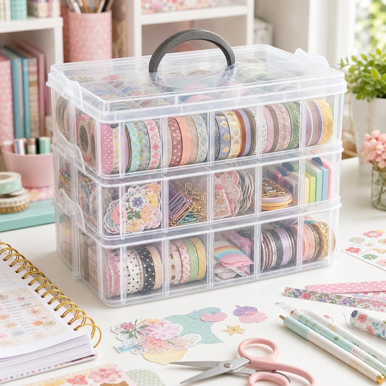 Guyuyii 3-Tier Stackable Bead Organizer with Adjustable Dividers and Handle