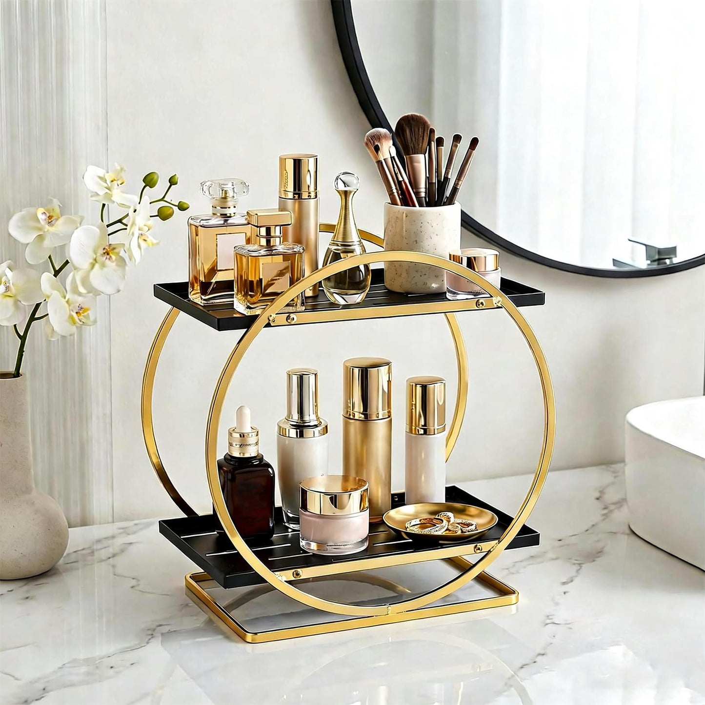 Nexyetnov BO2701 2 Tier Bathroom Organizer, Perfume Organizer for Dresser, Black Gold