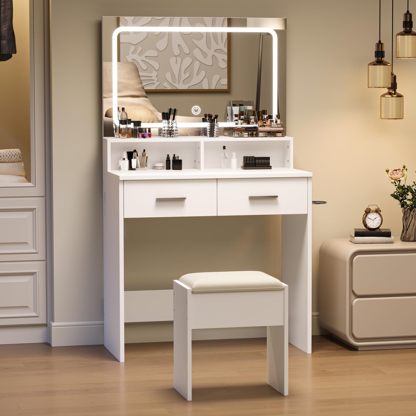 GarveeHome Vanity Desk with Mirror and Lights, 3 Color Modes Makeup Vanity with Cushioned Stool, 2 Drawers & Charging Station, Modern Dressing Table for Bedroom, Makeup Studio, White