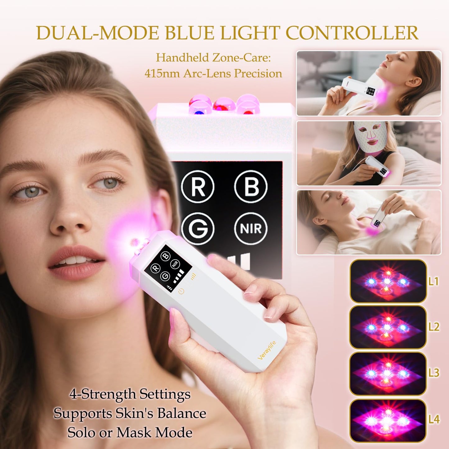 Veraylife Red Light Therapy for Face, 7 Colors & 8 Modes Red Light Mask with 850nm NIR, 3000mAh Rechargeable Led Face Mask Light Therapy, 432 Beads Pro LEDs Mask at Home (White)