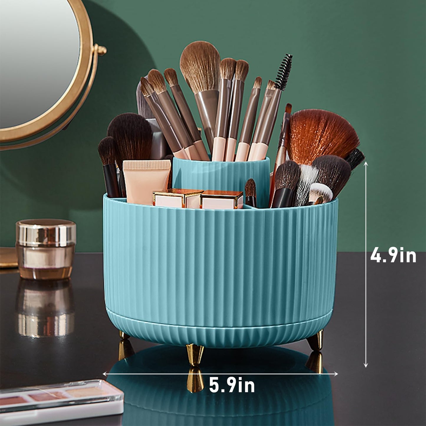 Diesisa 360 Rotating Makeup Brush Organizer With 5 Sections, Spining Countertop Swivel Makeup Brush Holder for Cosmetics, Nail Polish, Art Supply, Bathroom Vanity Desktop Organizer - Blue