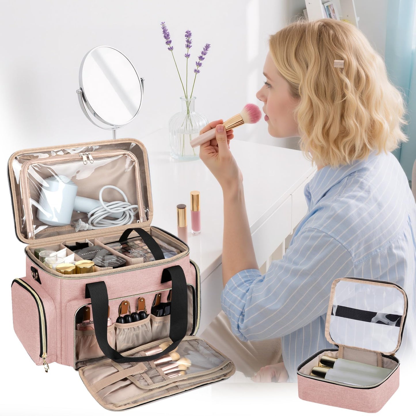 GDNasist Large Makeup Bag, Portable Travel Makeup Bag Organizer for Women Girls with 2 Removable Pouches & Detachable Dividers, Cosmetic Travel Bag, Toiletry Bag for Makeup and Hair Supplies Pink
