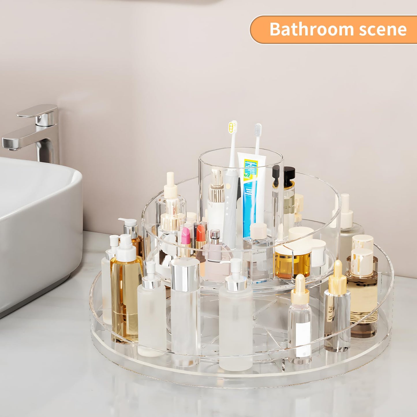 Molutsody 360° Rotating Makeup Organizer - Cosmetic Skincare Organizers wish Brush Holder, Large Capacity Cosmetic Display Case for Vanity, Bathroom Countertop (Clear)