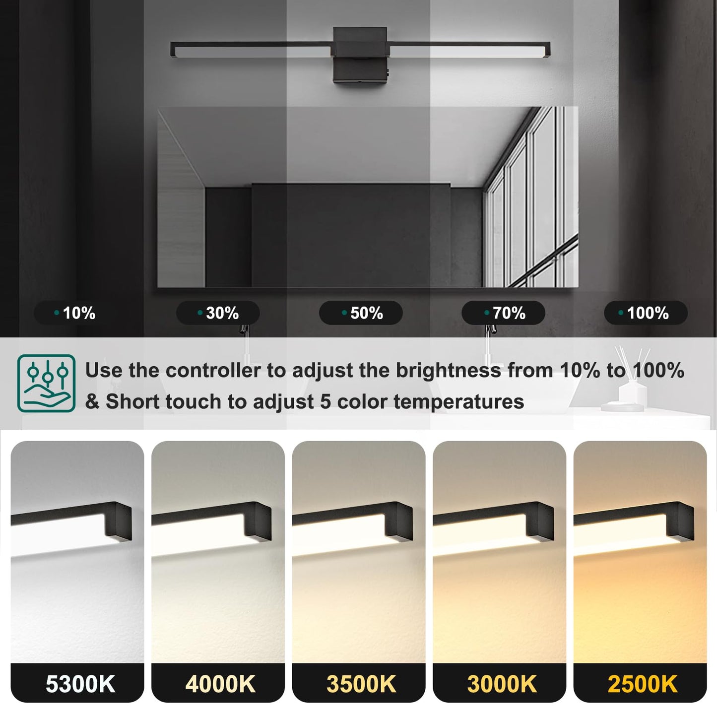 OKELI Modern Bathroom Light Fixtures Over Mirror, 32 Inch Matte Black Vanity Light Bar for Bathroom, 16W 5CCT Diammable Wall Light