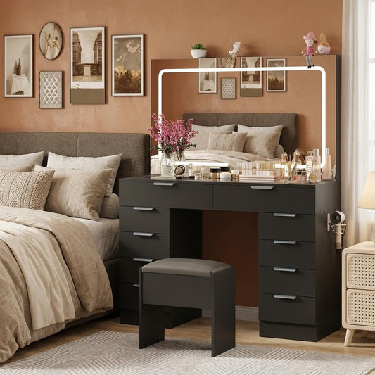 MegaChoice Makeup Vanity Desk with Mirror and Lights, 10-Drawer Storage & Power Outlet, Adjustable 3-Color Lighting, Includes Stool & Accessories for Bedroom