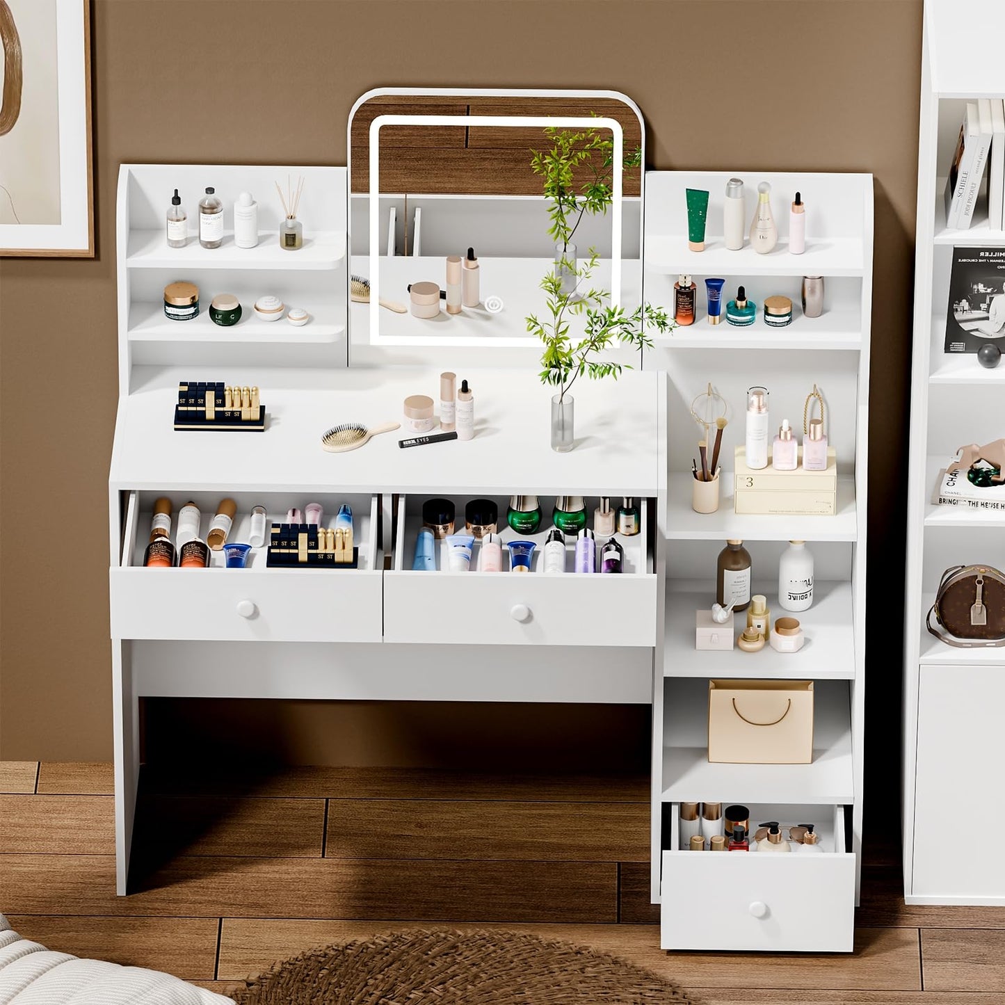 Oiroporz White Makeup Vanity Desk with LED Mirror & 5-Tier Sloped Shelves, 7 Open Storage Areas & 3 Drawers, Adjustable 3-Color Lighting Dressing Table