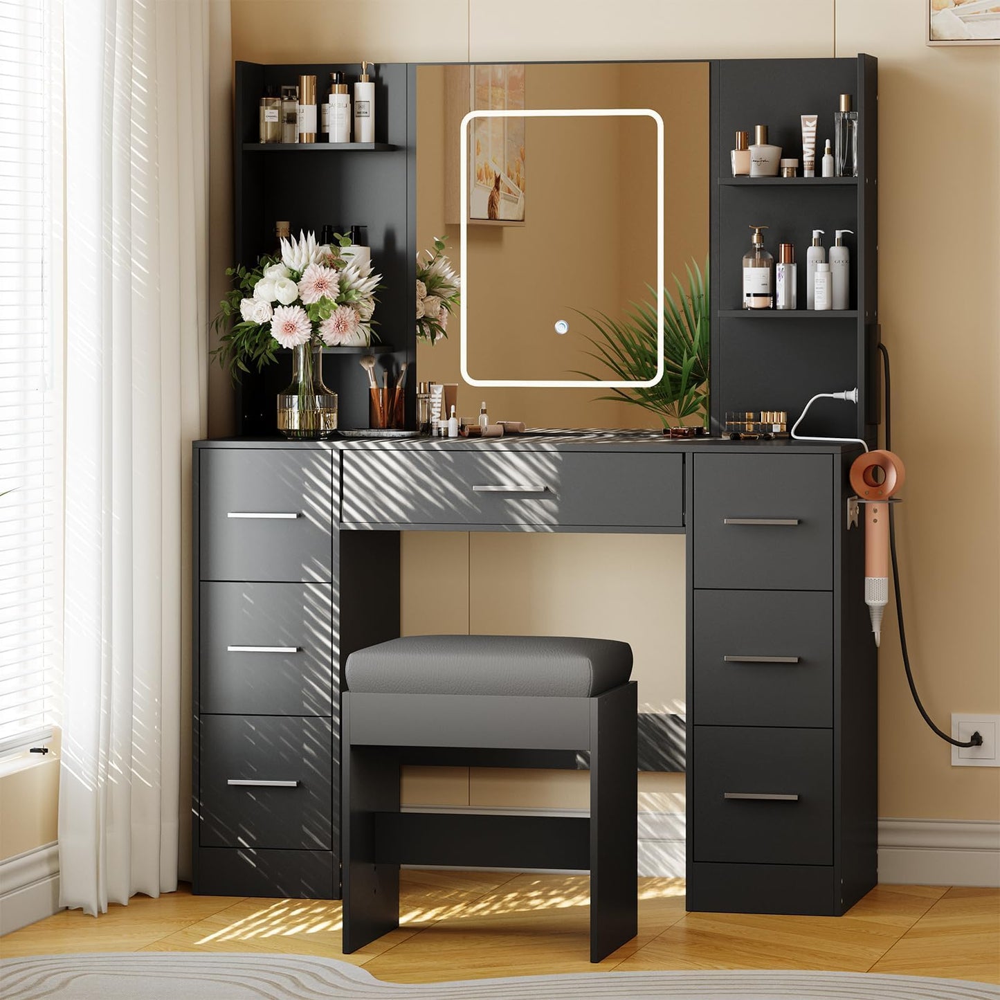 GAOMON Makeup Vanity with Mirror and Chair, Power Outlet, Hairdryer Holder, 7 Drawers, 3 Lighting Modes Brightness Adjustable Dressing Table for Bedroom