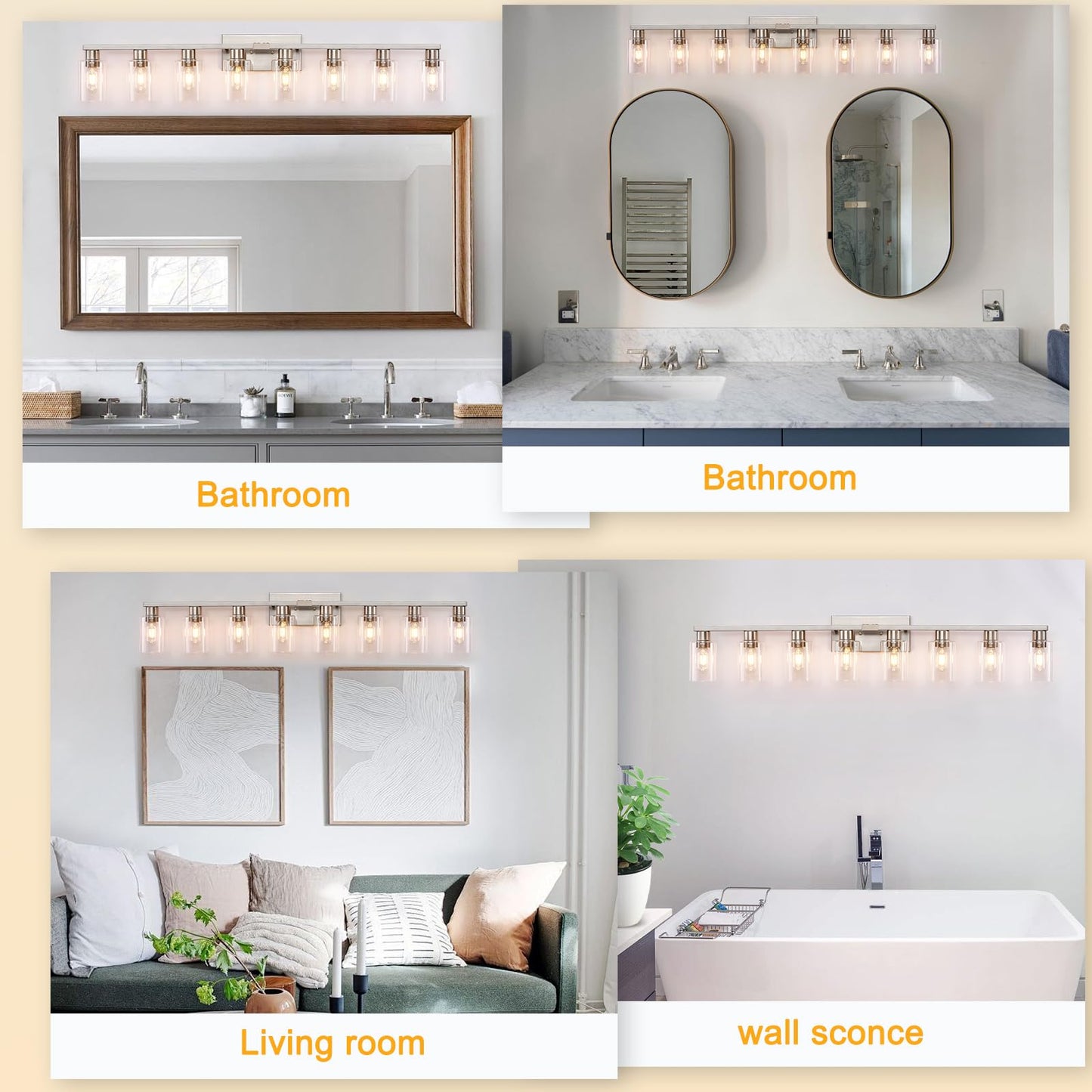 DIDUIO 8 Light Bathroom Vanity Light Brushed Nickel Bathroom Light Fixtures 8-Light Vanity Lights for Bathrrom Lights Fixtures Over Mirror Large Wall Sconce with Clear Glass Shade