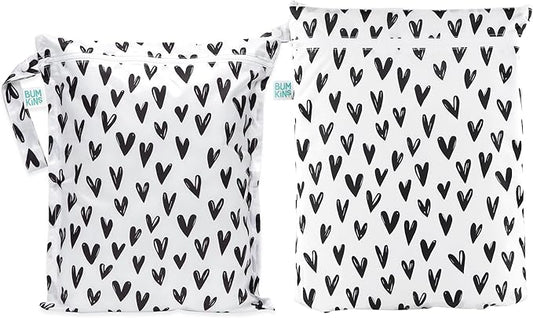 Bumkins - Waterproof Wet and Wetdry Bags - For Beach, Baby, Travel, Swim Suit, Cloth Diapers, Pump Parts, Pool, Gym, Toiletries - Reusable & Easy to Clean - Black Hearts - 2 Pack