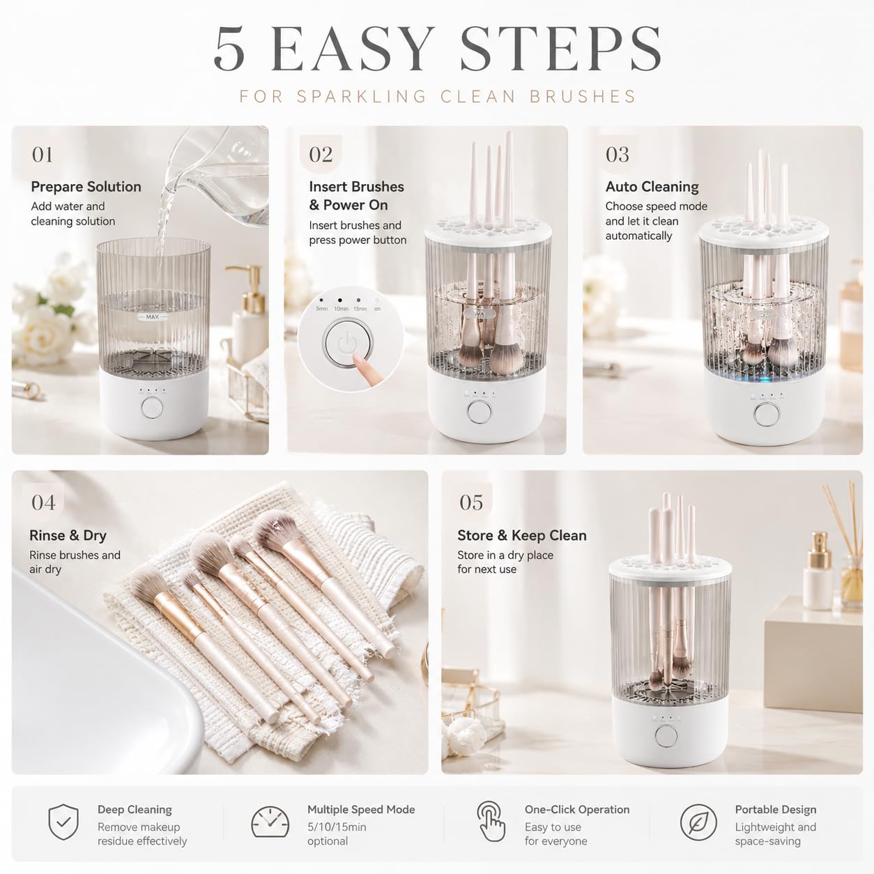 Mottinhill Makeup Brush Cleaner Machine, Automatic Electric Makeup Brush Cleaner with 4 Adjustable Speeds, Deep Cleaning Device, Portable USB Rechargeable (White)