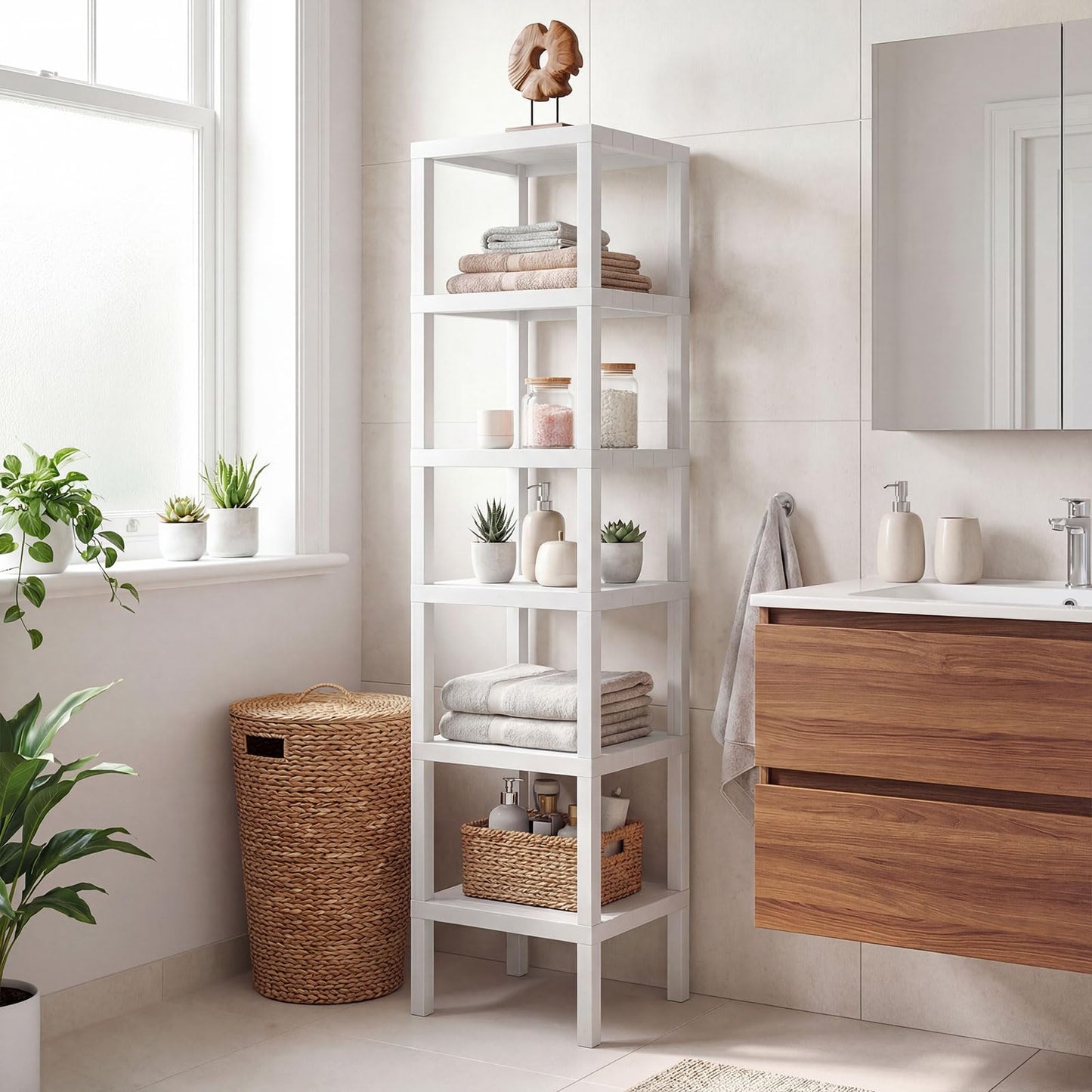Giantex 6-Tier Plastic Modular Storage Shelves, Open Display Utility Shelving Unit, Multifunctional Plant Holder, Freestanding Storage Rack Organizer for Living Room, Bathroom and Kitchen (White)