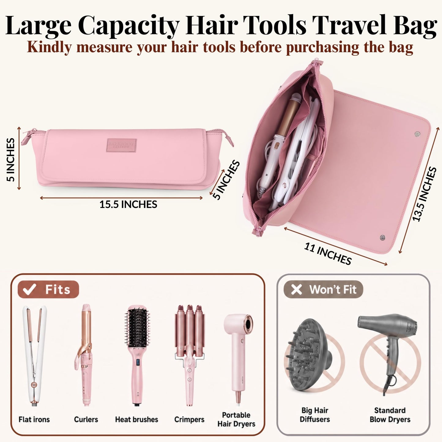 BAREFOOT CARIBOU Hair Tools Travel Bag and Heat Resistant Mat (15.5") for Flat Irons, Straighteners, Curling Iron, and Haircare Accessories, 2-in-1 design, Interior Pockets, Portable Organizer (Dune)