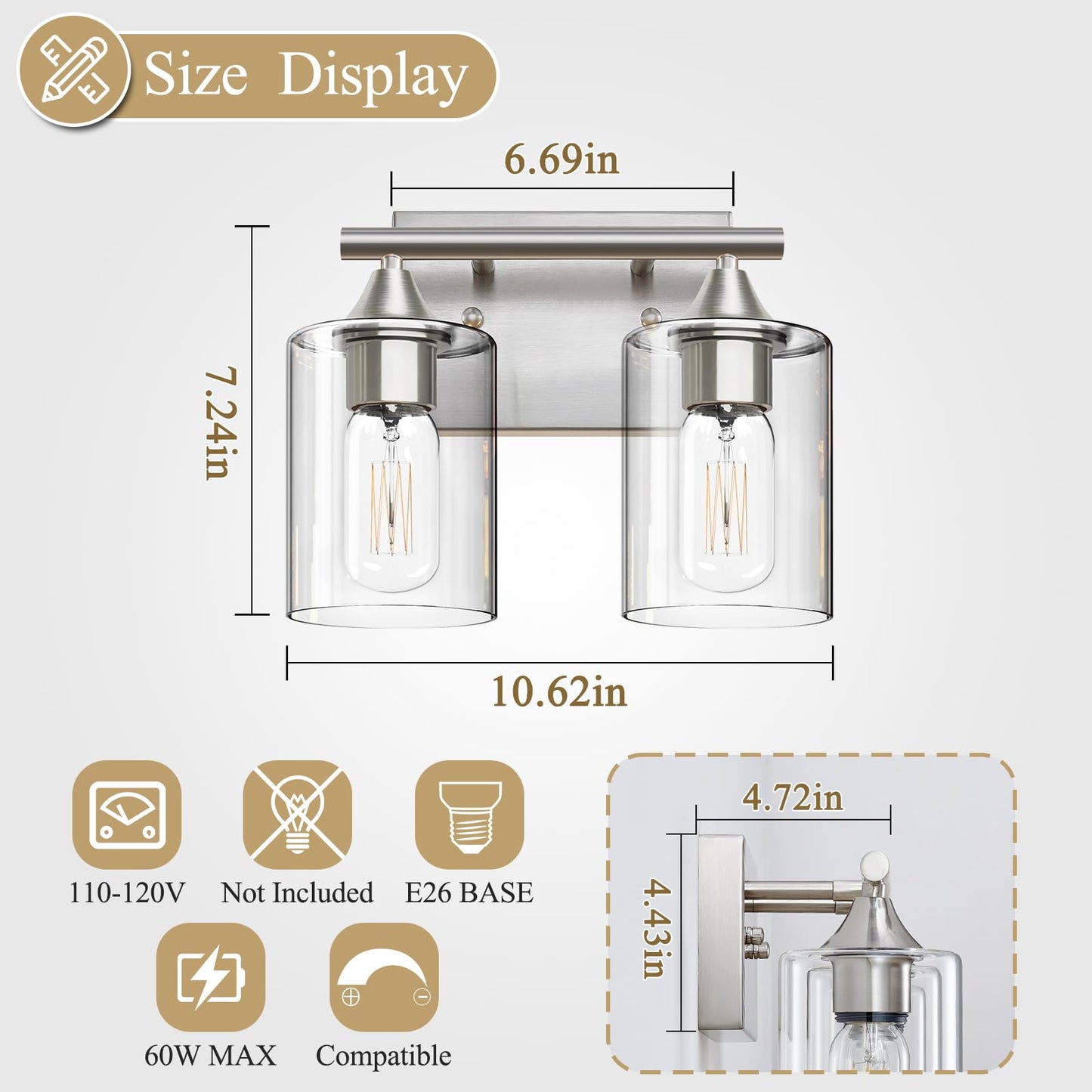 XPEHK Bathroom Vanity Light Fixture, 2-Light Brushed Nickel Over Mirror, Modern for Bedroom Vanity Table Hallway