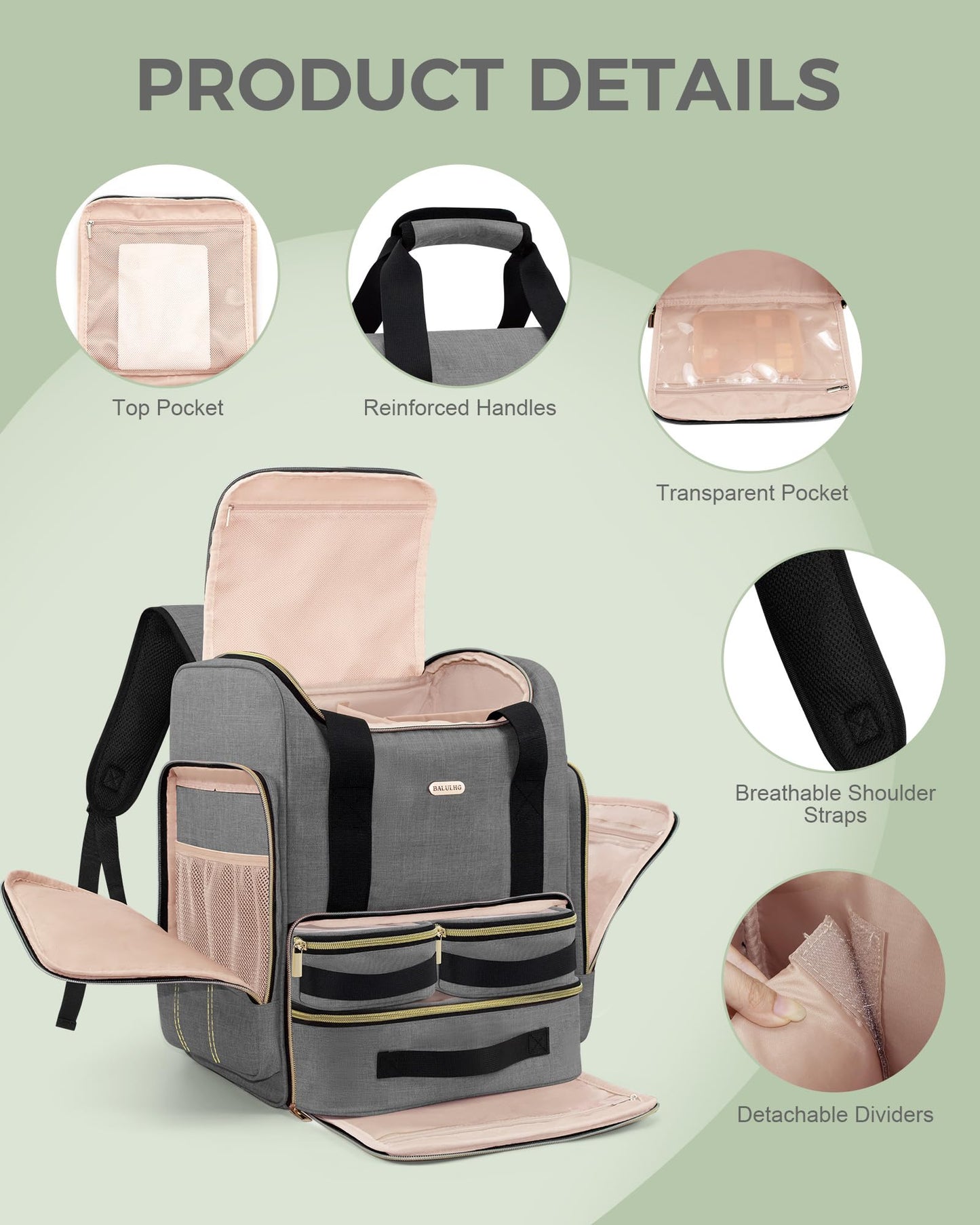 BALULHG Large Portable Travel Makeup Bag with 3 Removable Transparent Case, Dual-Shoulder Multi-Functional Cosmetic Bag,Double Layer Big Capacity Makeup Bag Backpack, Patent Pending