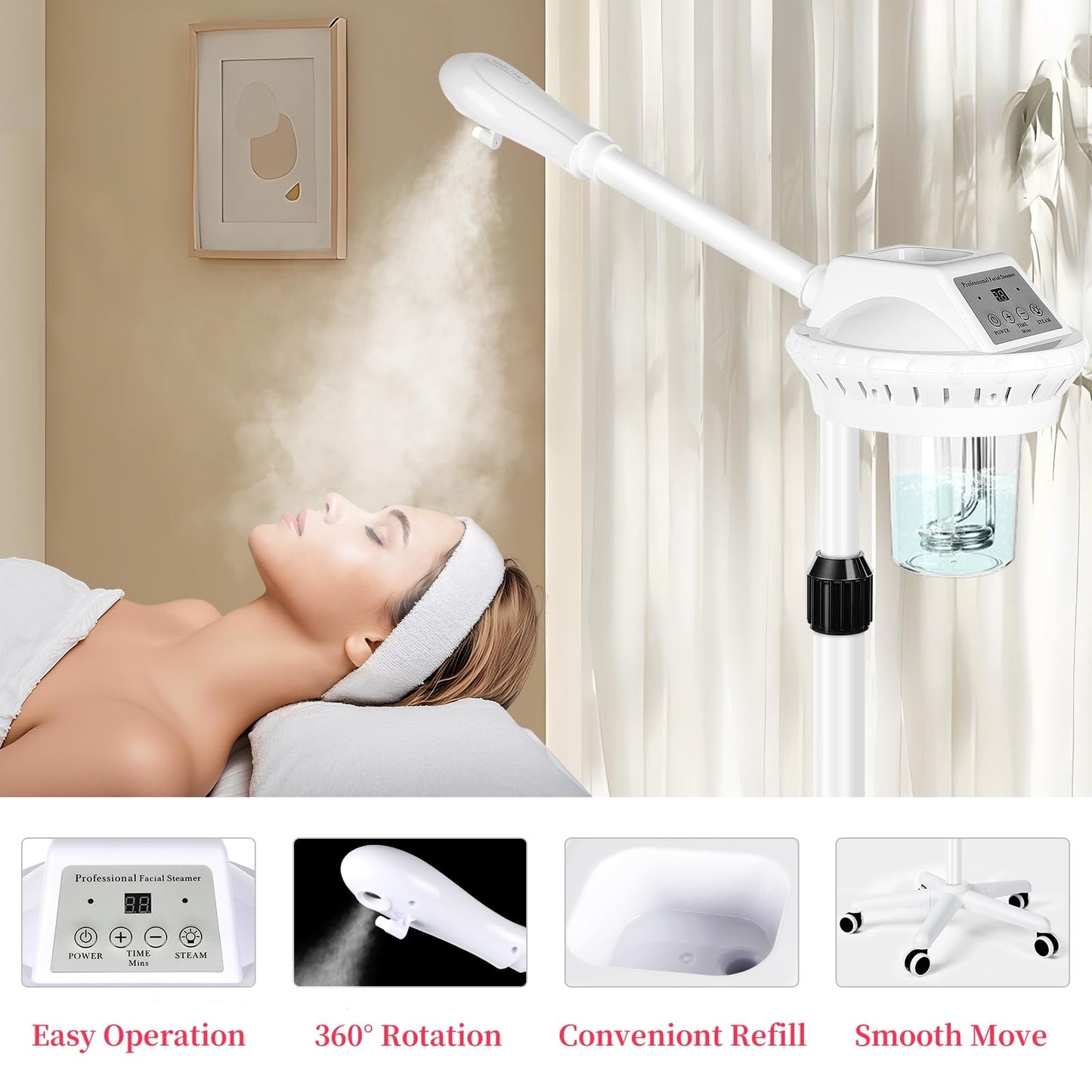 Facial Steamer Professional for Deep Cleansing and Hydration, Face Steamer for Estheticians with Adjustable Height, Spa Ozone Steamer on Wheels, Suitable for Home and Beauty Spa Salon Use