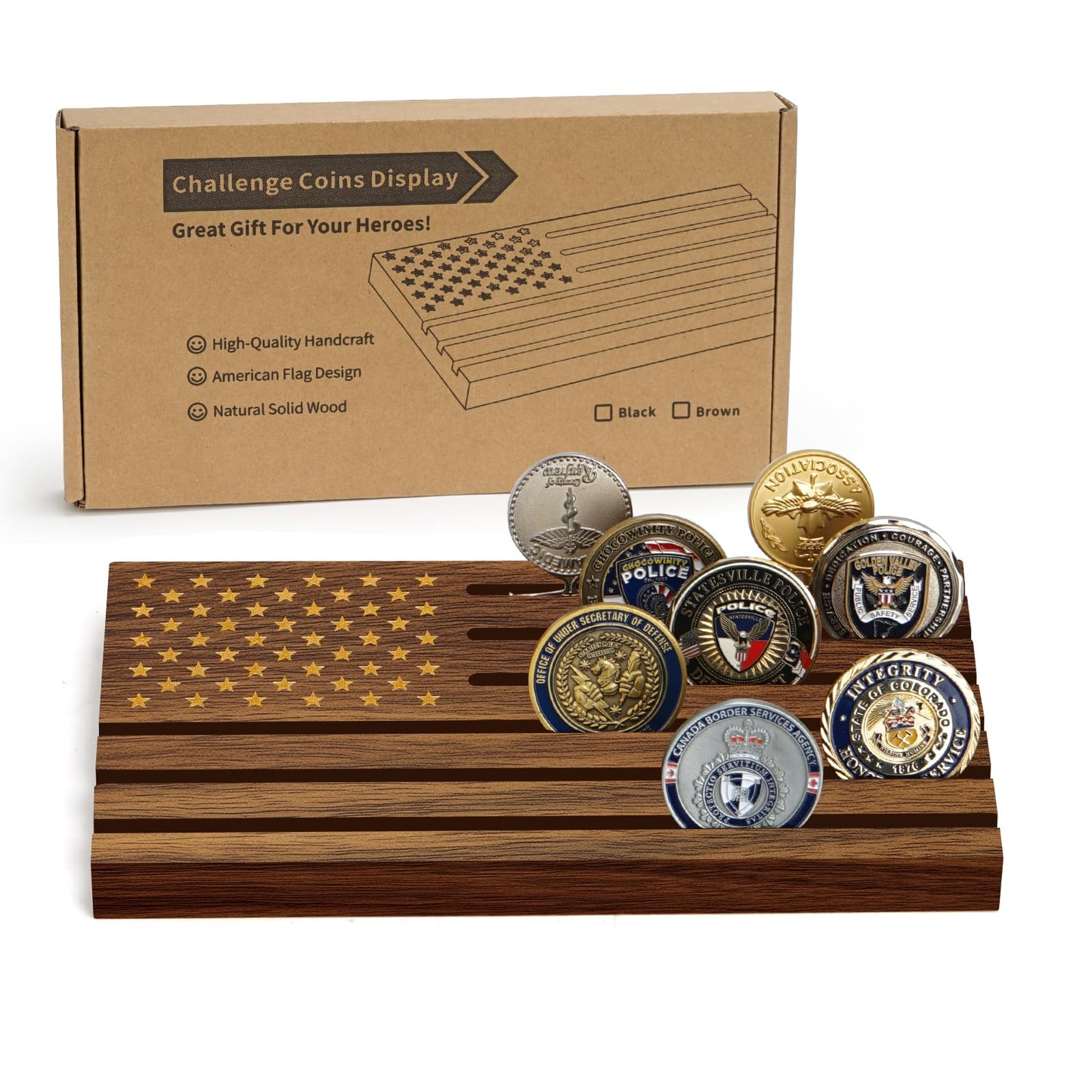 Samplife Challenge Coin Display Walnut , Solid Wood Military Coin Holder Rack for Collectors American Flag Style, Desk or Shelf Display (Natural Walnut, Medium)