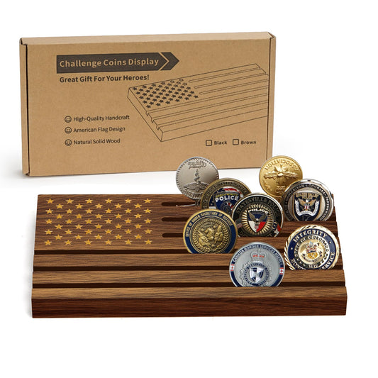 Samplife Challenge Coin Display Walnut , Solid Wood Military Coin Holder Rack for Collectors American Flag Style, Desk or Shelf Display (Natural Walnut, Medium)