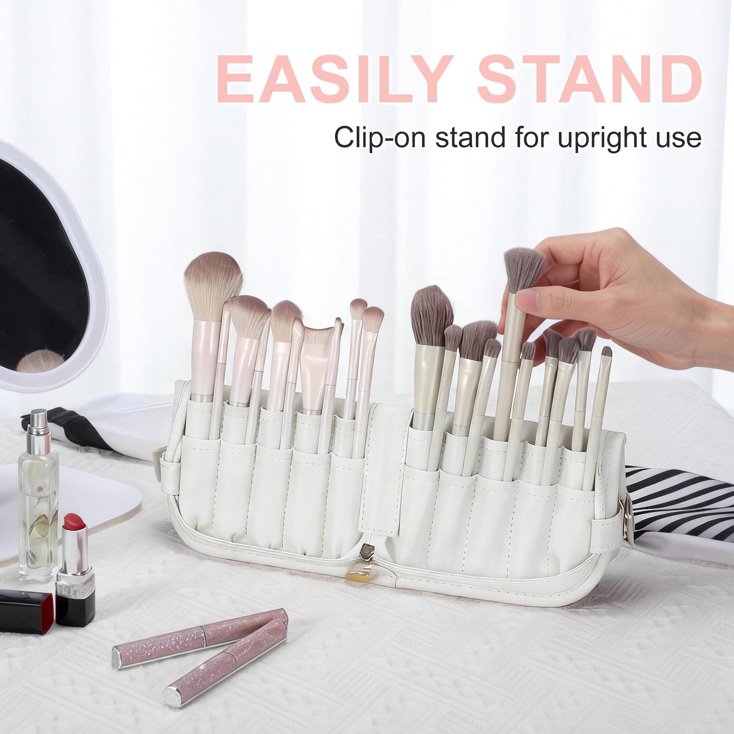 CAPASTEC Makeup Brush Bag, Waterproof Stand-Up Makeup Brush Organizer, Travel-Friendly Design, White