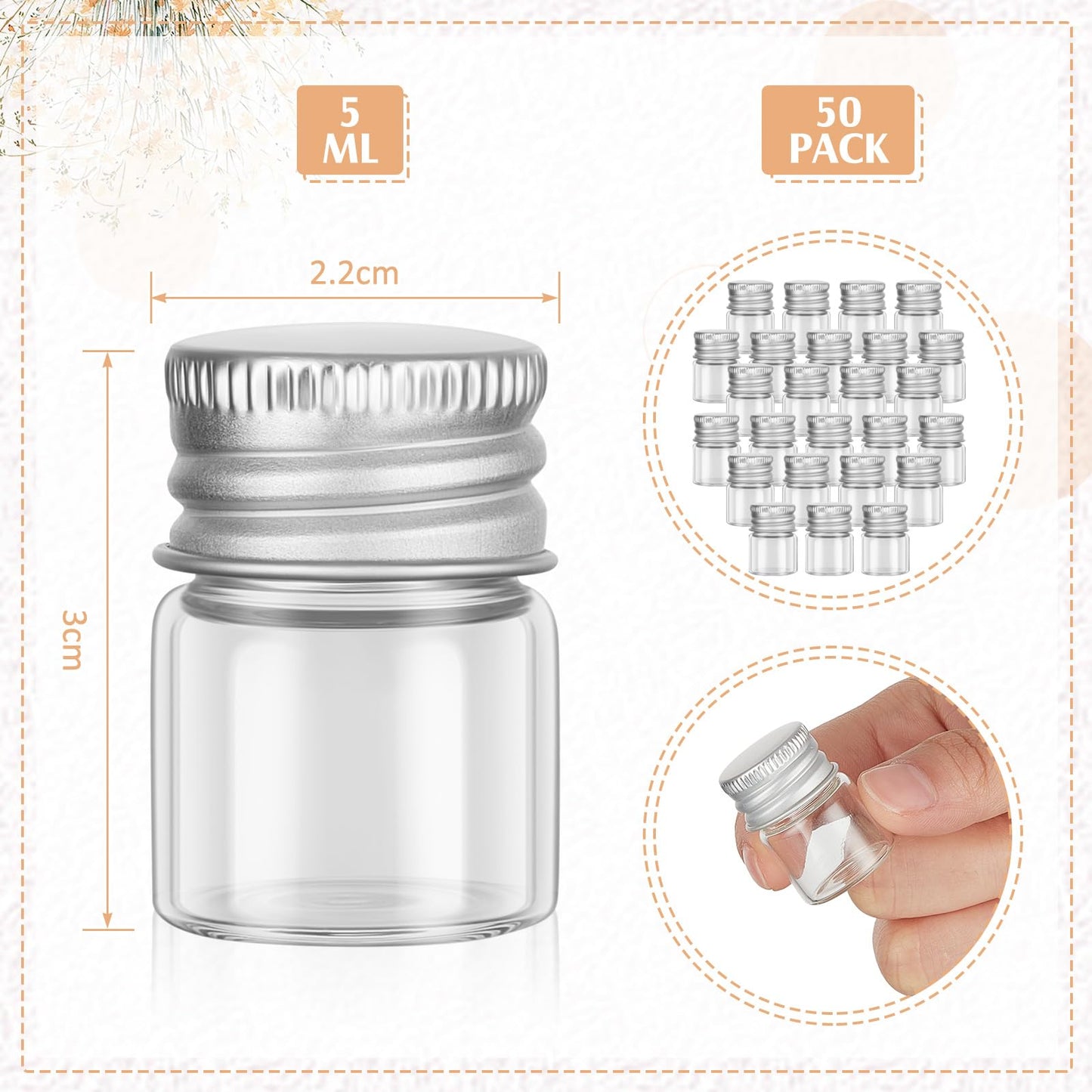 Tessco for you 50 Pcs 5 ml Mini Glass Bottles with Aluminum Cap Tiny Jars Mini Glass Jars Small Clear Vials with Screw Caps Tiny Containers for DIY Craft Storage (Silver)