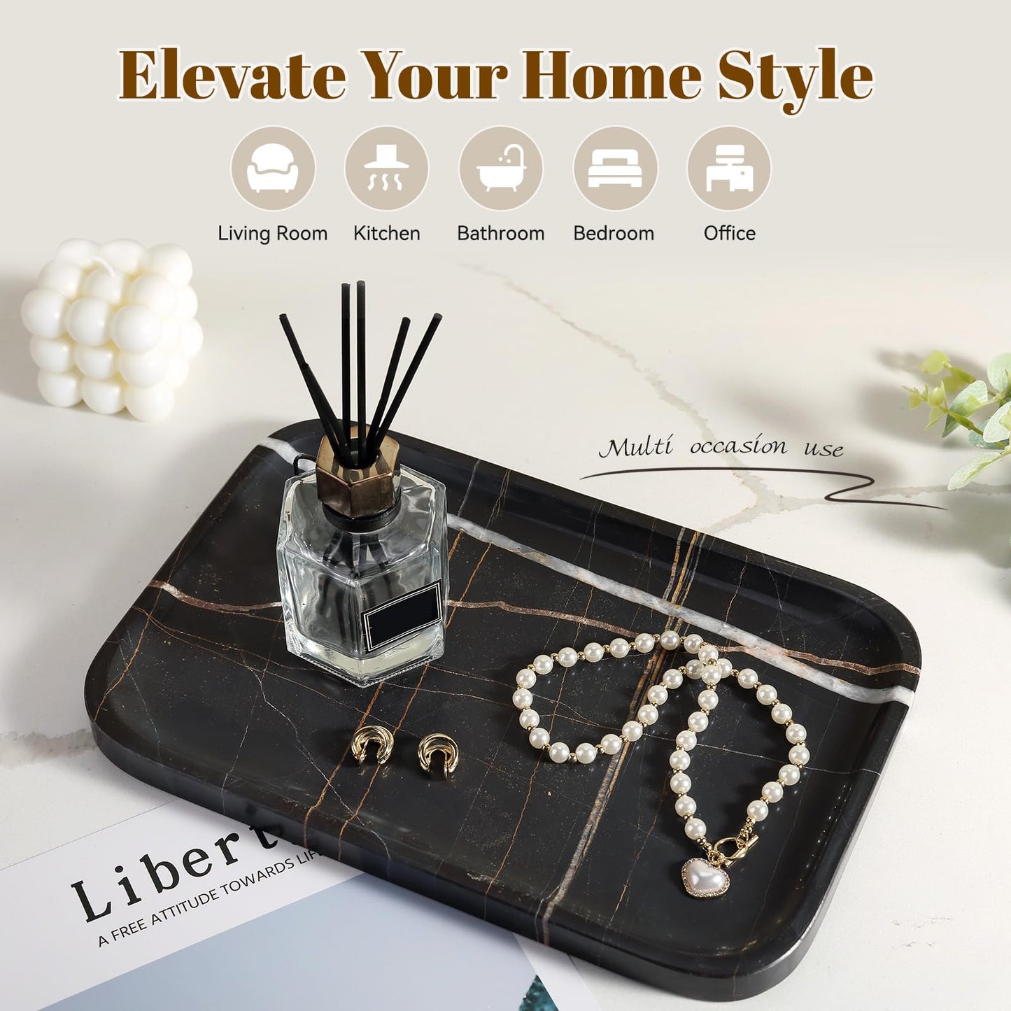 Koville Marble Tray, 12"x8" Natural Marble Vanity Tray for Countertop Bathroom Kitchen Dresser, Decorative Catchall Trays for Perfume Jewelry, Rectangular Stone Serving Tray(Black)
