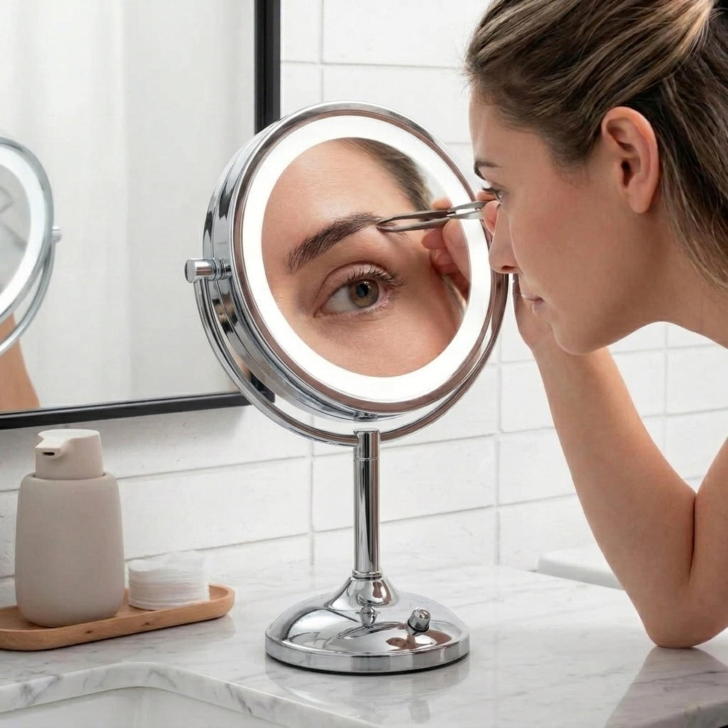 JERDON Lighted Tabletop Mirror with 10X/1X Magnification - LED Lighted Makeup Mirror with Multiple Light Settings in Chrome Finish - 8.5-Inch Diameter Vanity Mirror - Model JS8510BC