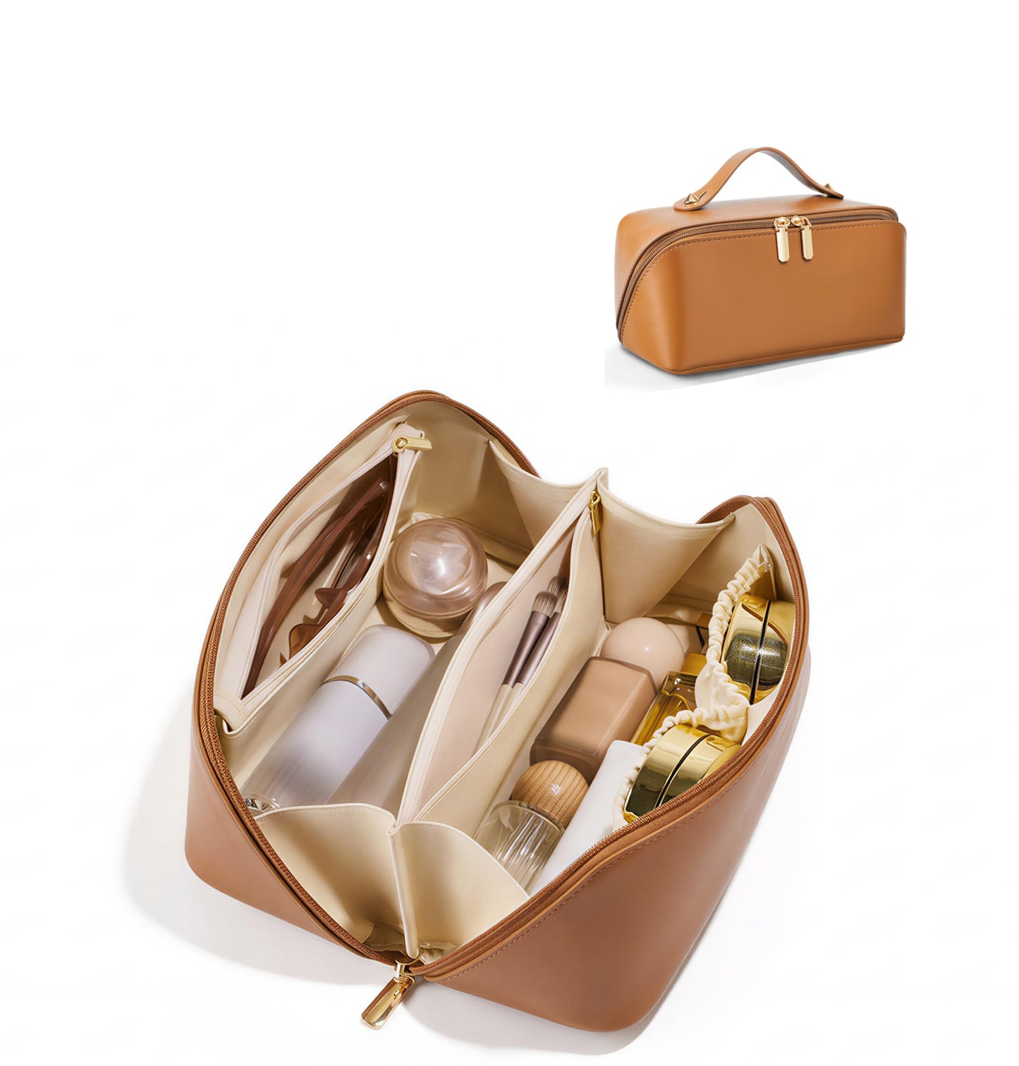 ALEXTINA Travel Makeup Bag Organizer for Women, Large Capacity Cosmetic Make up Bag with 180° Open-Flat Design & Collapsible Handle, Waterproof Vegan Leather Toiletry Bag for Travel Essentials, Brown