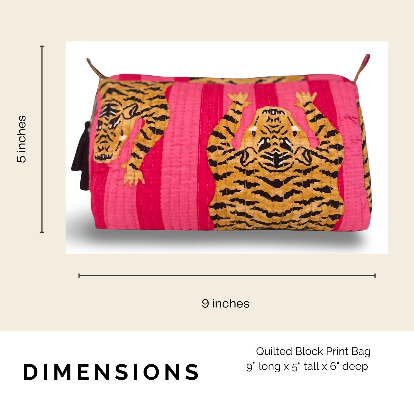 Palmetto Home Block Print Makeup Bag & Toiletry Pouch – Quilted Cotton Cosmetic Bag for Travel, Artisan Handmade Organizer for Women, Giftable (Pink Tiger)