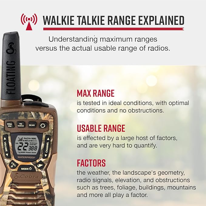 Cobra ACXT1035R FLT CAMO Floating and Waterproof Walkie Talkies for Adults with Compatible Cobra Surveillance Headset: Rechargeable, 22 Channels, Long-Range, 2 Two-Way Radios, 2 Headsets