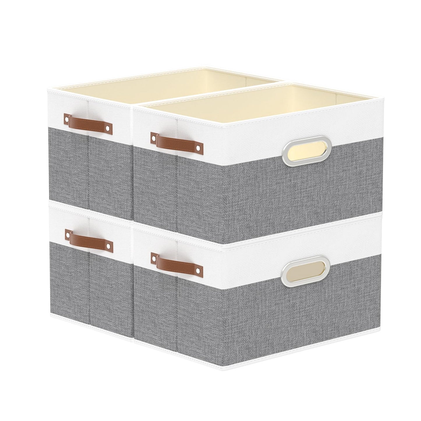 Yawinhe Fabric Storage Baskets, Foldable Closet Organizer for Shelves, Large Boxes with 3 Handles, Canvas Bins for Clothes, White/Grey, 12.99''Lx9.05''Wx7.87''H, 4-Pack