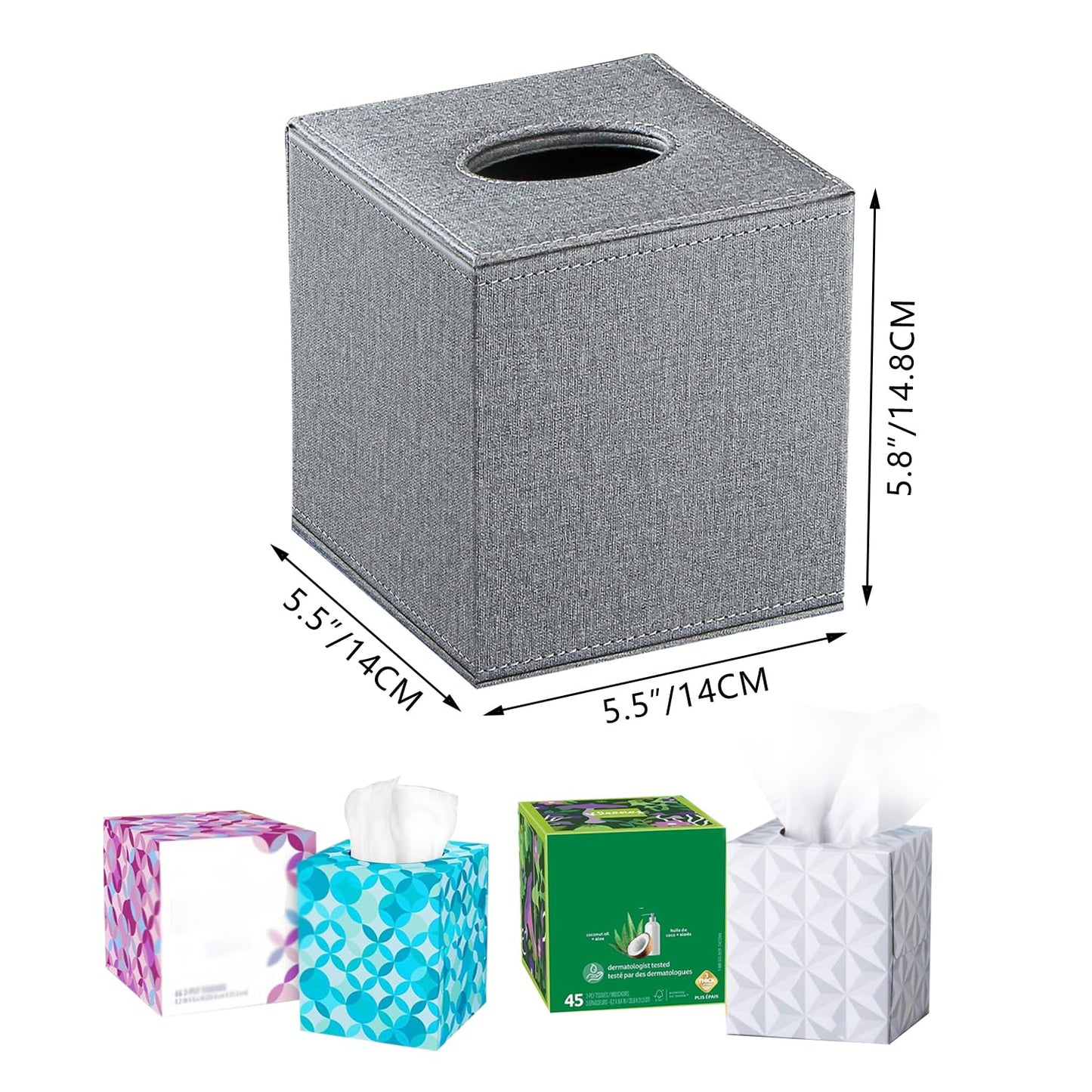 Leather Tissue Box Cover Square,Decorative Cube Tissue Box Holder with Magnetic Bottom,Facial Paper Organizer Table Napkin Case Dispenser for Bathroom NightStand Coffee Car Home Office,Grey