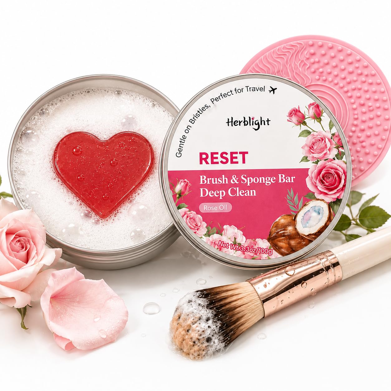 herblight Makeup Brush Cleaner Soap with Silicone Cleansing Pad- Gentle Makeup Brush Soap for Beauty Blenders, Vegan & Cruelty-Free, 3.5 oz (100g) (Pink Rose（1PC）)