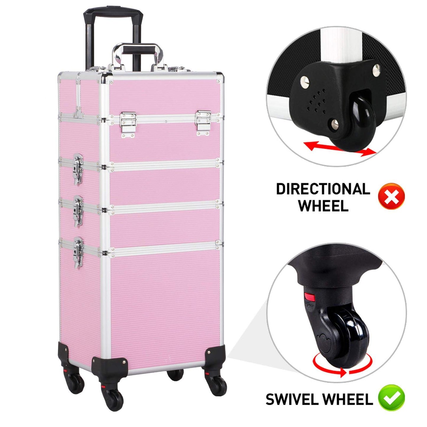 Topeakmart 4 in 1 Professional Makeup Rolling Case, Large Aluminum Cosmetic Train Case, Makeup Tavel Case Travel Beauty Organizer - Pink - with Removeable Wheels