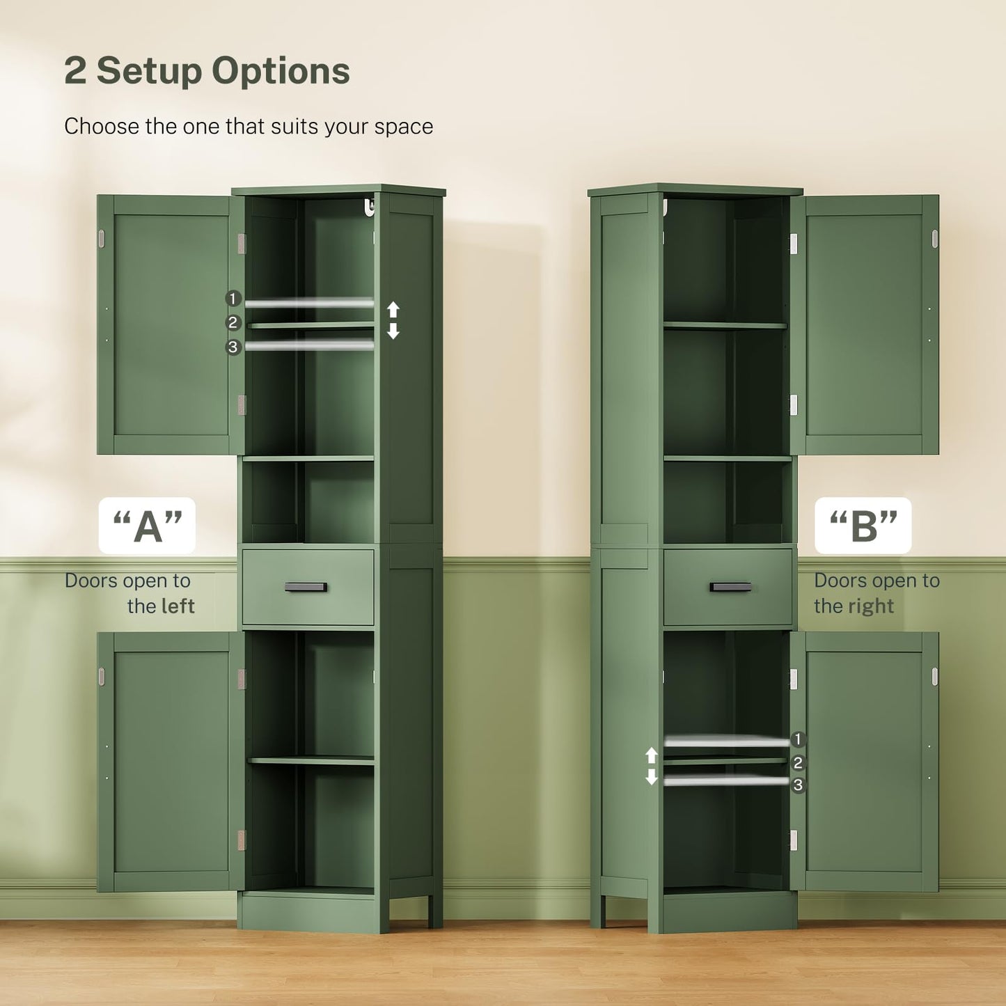 TEENFON 67" H Tall Bathroom Storage Cabinet with Barn Doors and Drawer, Narrow Bathroom Cabinet, Narrow Storage Unit, Adjustable Shelves, Floor Cabinets for Living Room, Forest Green