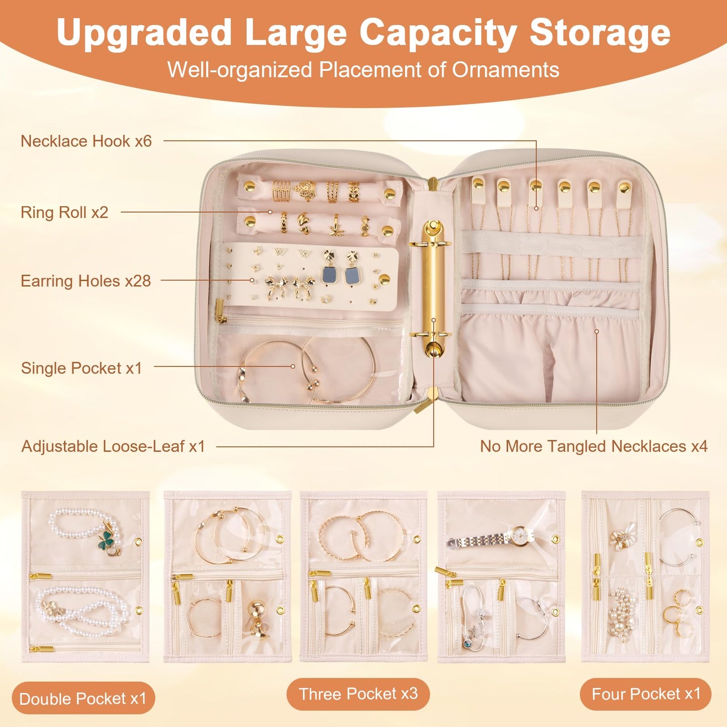 Vutlue Travel Jewelry Case Organizer for Women, Jewelry Storage Book with Small Pouch, Travel Jewelry Bag Case for Traveling Necklace, Earrings, Rings, Bracelet Organizer (Beige)