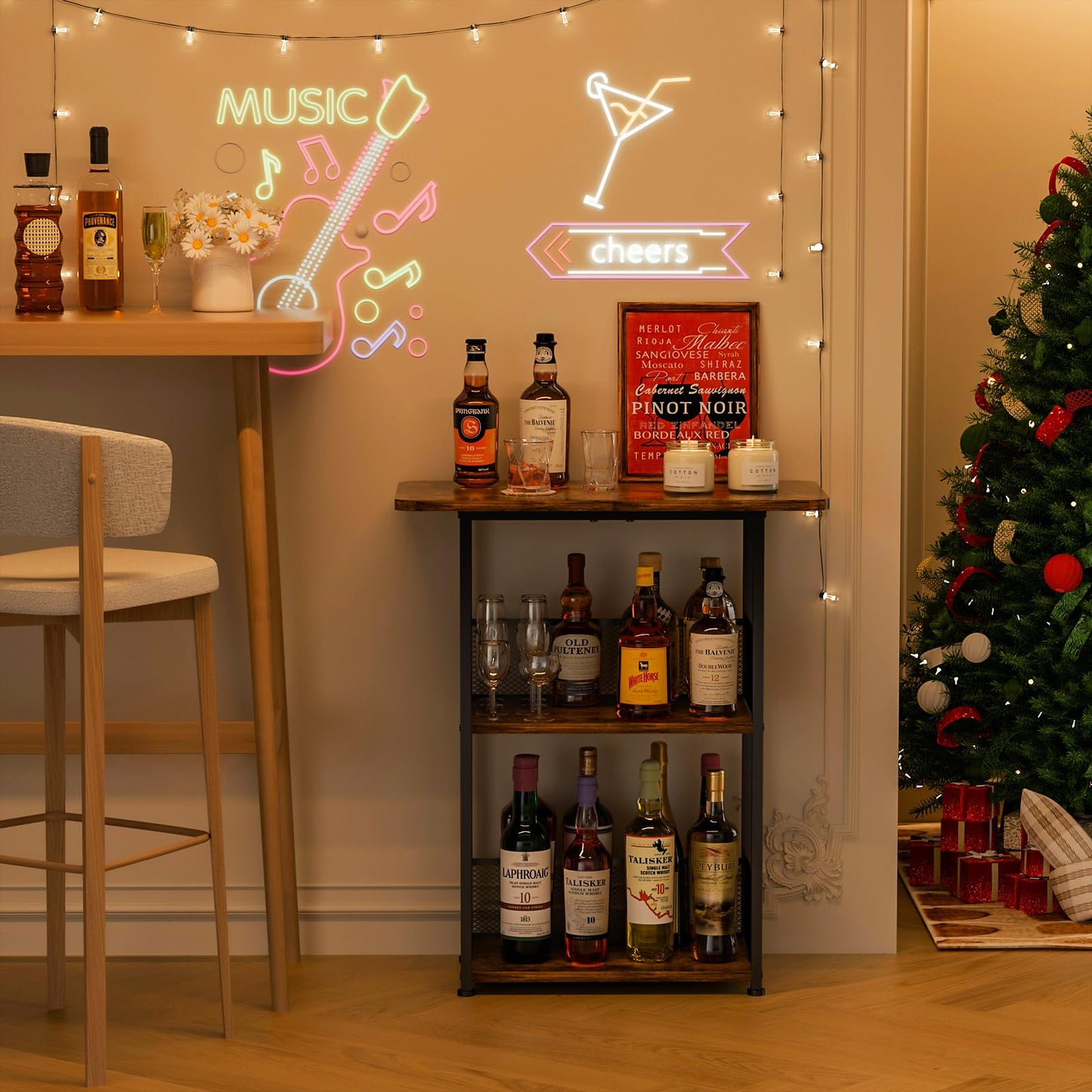 Eyteenokk Freestanding Wine Rack,3-Tier Small Mini Bar Table Liquor Cabinet with T-Shaped Countertop,Rustic Wood Metal Floor Wine Bottle Storage Stand for Home Bar Corner-23.62 x 9.44 x 27.67inches