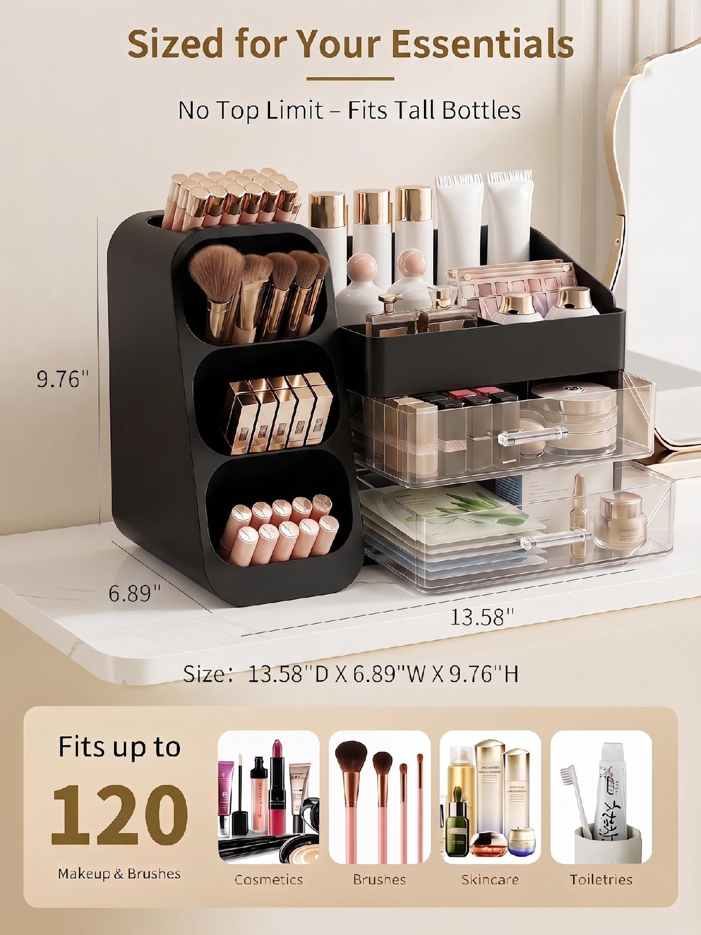 Booklov Makeup Organizer for Vanity, Large Capacity Cosmetic Display Case with Drawers, Countertop Beauty Storage Holder for Skincare, Brush Eyeliner Perfume Eyeshadow Lipsticks, Counter Desk, Black