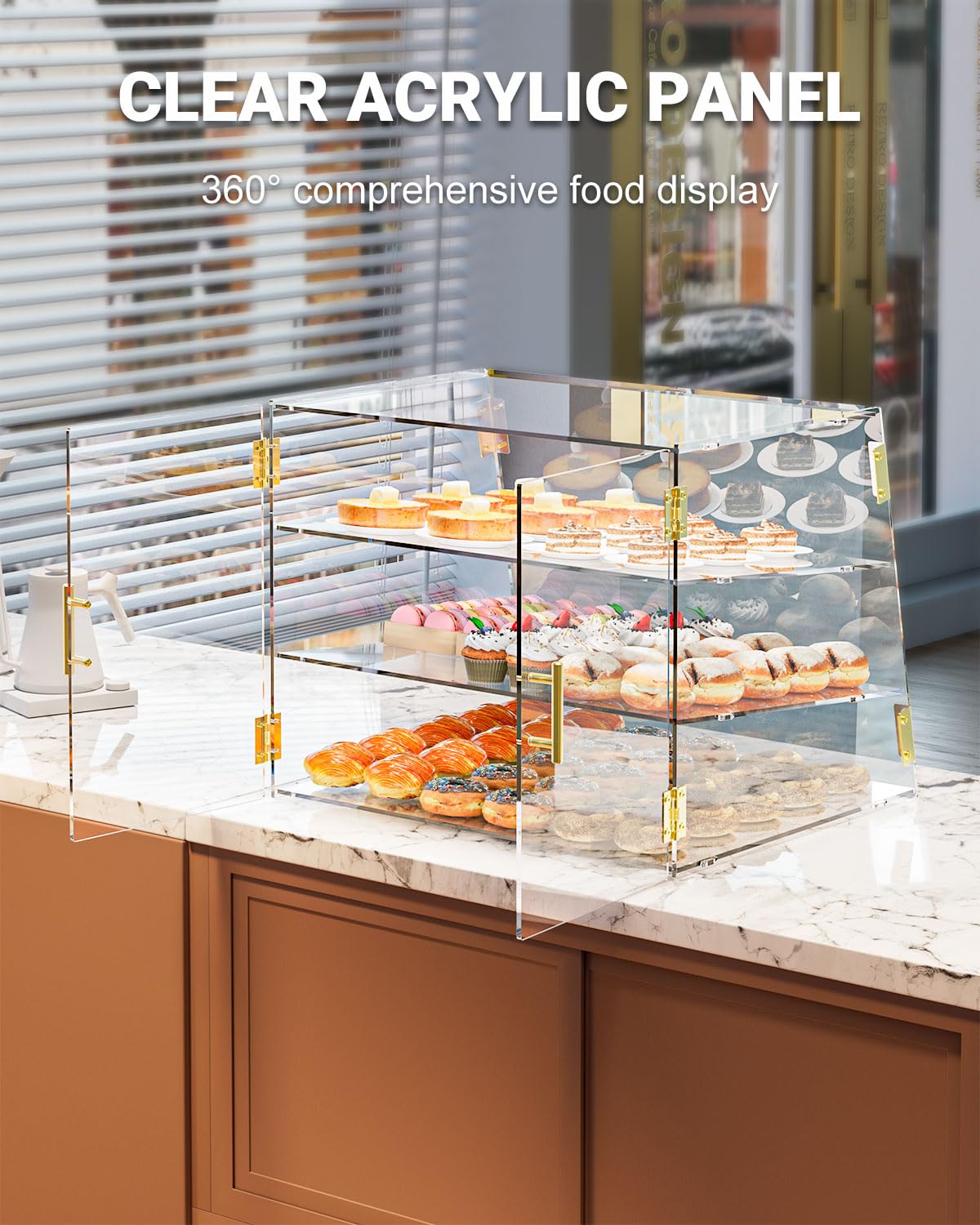 CITYJOY 3-Tier Slanted Acrylic Bakery Display Case, 21"×17"×17" Commercial Countertop Pastry Showcase with Automatic-Closing Rear Doors for Donuts, Bagels, Macarons, Cupcakes