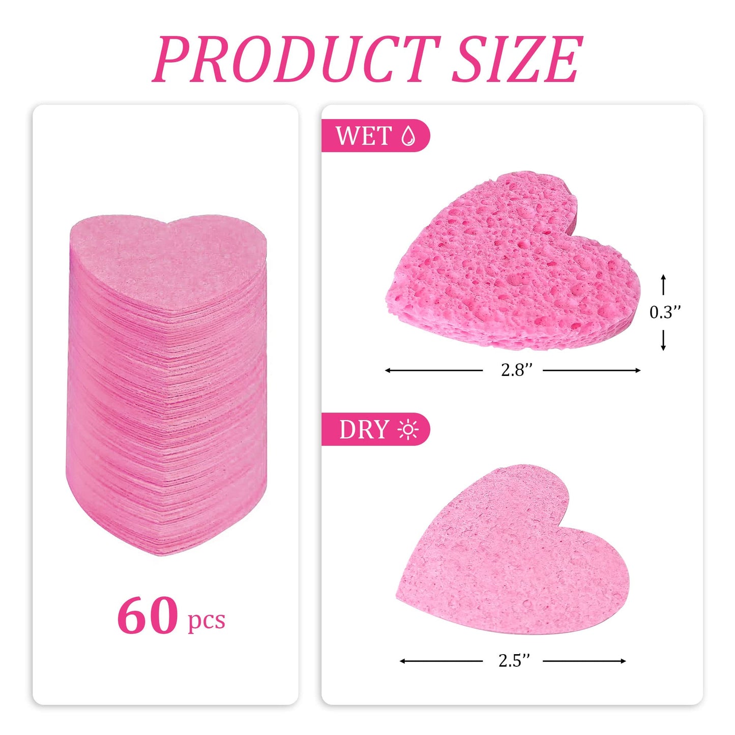 120-Count Kickleen Compressed Cellulose Heart Shape Facial Sponges | Natural Cosmetic Spa Sponges for Facial Cleansing | Exfoliating | Makeup Mask Removal | Reusable | Skin Massage (120 Count (Pink))