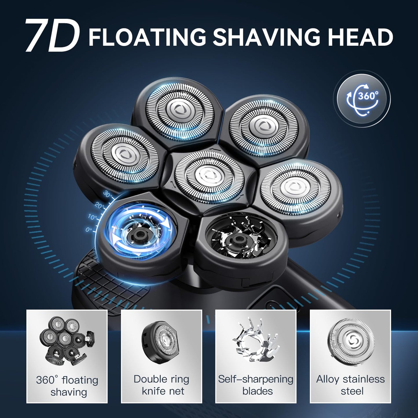 kensen 7D Head Shavers for Bald Men - 5 in 1 Bald Head Shavers for Men with Travel Case, 9200RPM Bald Head Razor with Nose Hair Trimmer Beard Trimmer Cordless IPX6 Waterproof Wet Dry Use LED Display