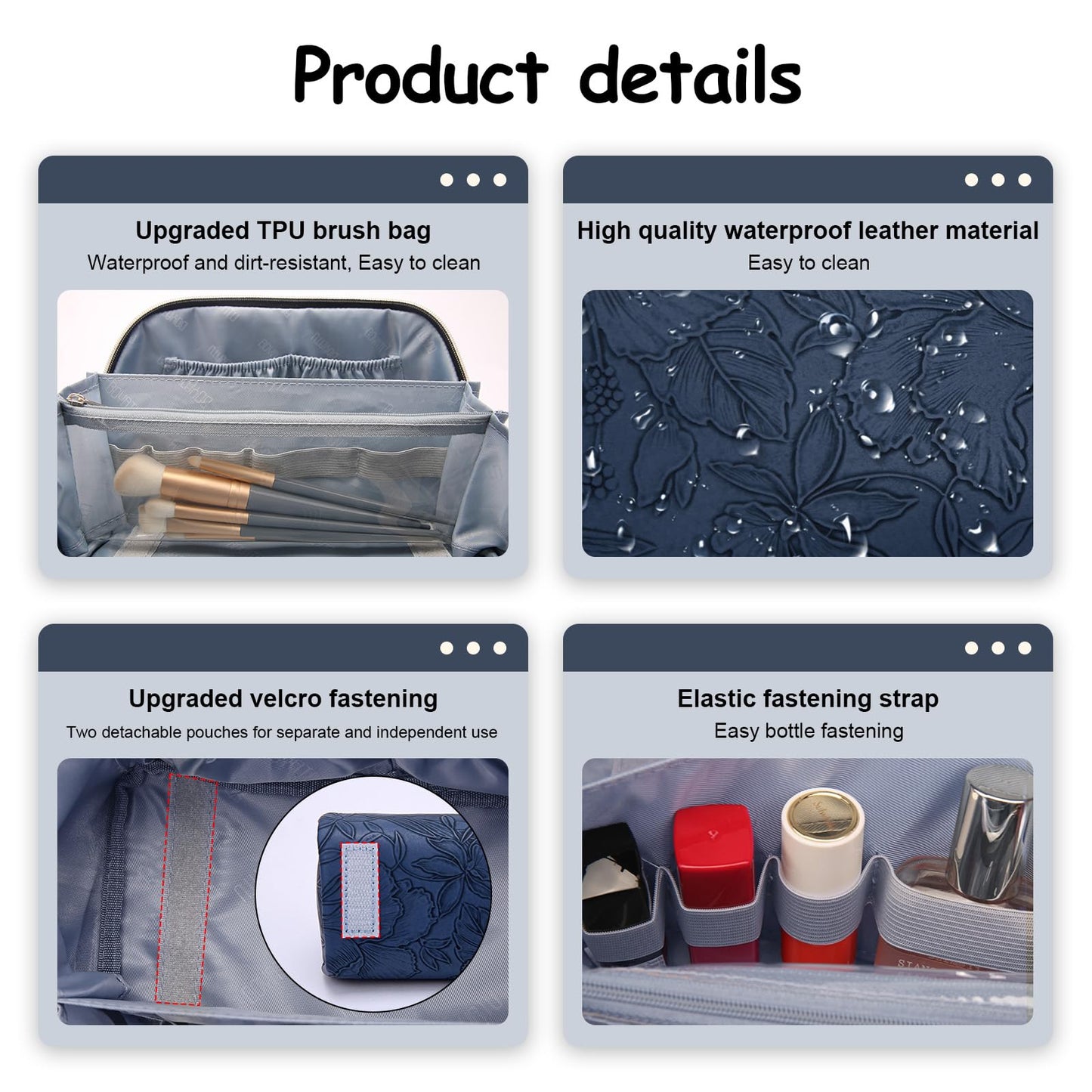 BOYATU Travel Makeup Bags Cosmetic Organizer Bag: 3-Set Large Capacity Make up Bag - PU Leather Toiletry Bags for Women - Wide Open Portable Pouch with Divider & Handle (02-Dark Blue)