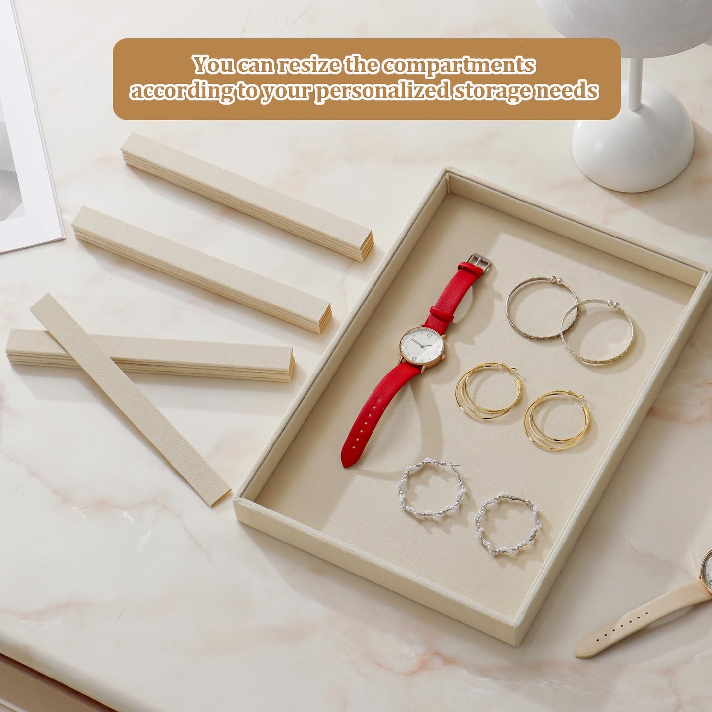 KATISYIO Large Jewelry Drawer Organizer Trays Set of 4, Stackable Velvet Jewelry Trays Organizer Holder Display Storage Showcase for Earring Necklace Bracelet Ring Accessary (Beige, R1+R2+16+24 Grids)