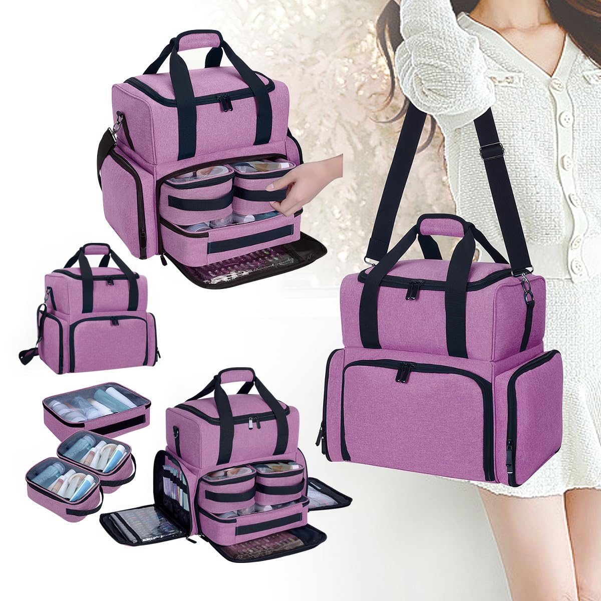 UOZL Large Makeup Cosmetic Bag with 3 Removable Case and 2 Removable Dividers Double Layer Travel Storage Organizer, Makeup Brushes Storage Section Purple