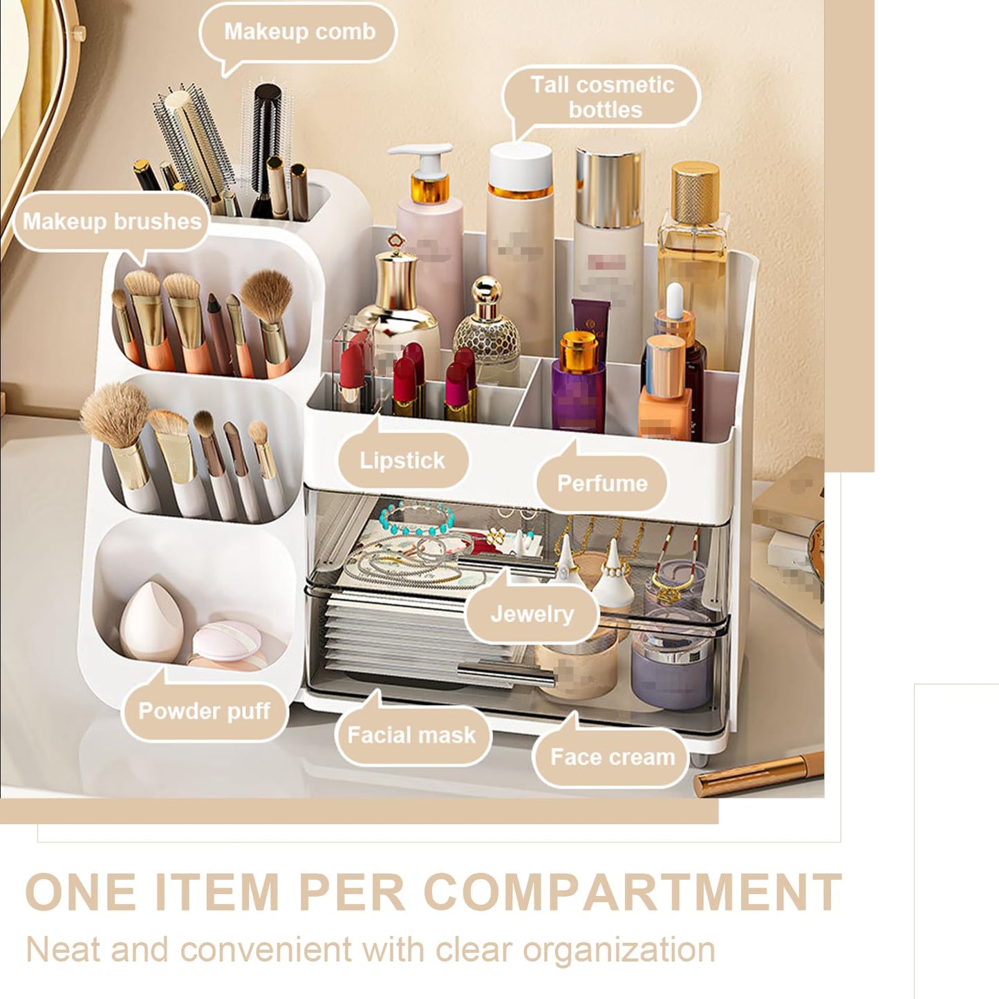 HEVOY Makeup Organizer with Drawer, Skincare Products Perfume Desk Storage Box, Beauty Holder Rack for Lipstick Brush Eyeliner, Cosmetic Display Case for Dresser Countertop & Bathroom Vanity (White)