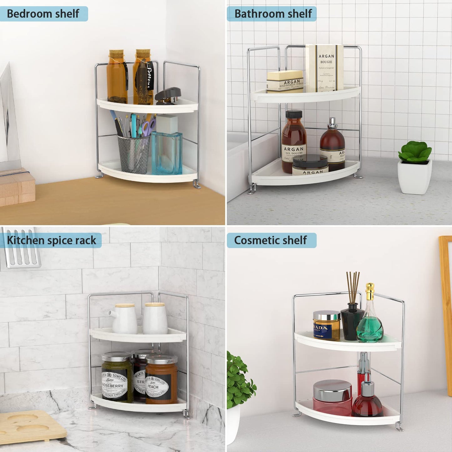 Sekepingo 2-Tier Corner Bathroom Sink Countertop Organizer-Vanity Tray Cosmetic & Makeup Storage-Kitchen Spice Rack Standing Shelf,Perfect Storage Shelf for Bathroom,Bedroom,Kitchen,Vanity,Silver