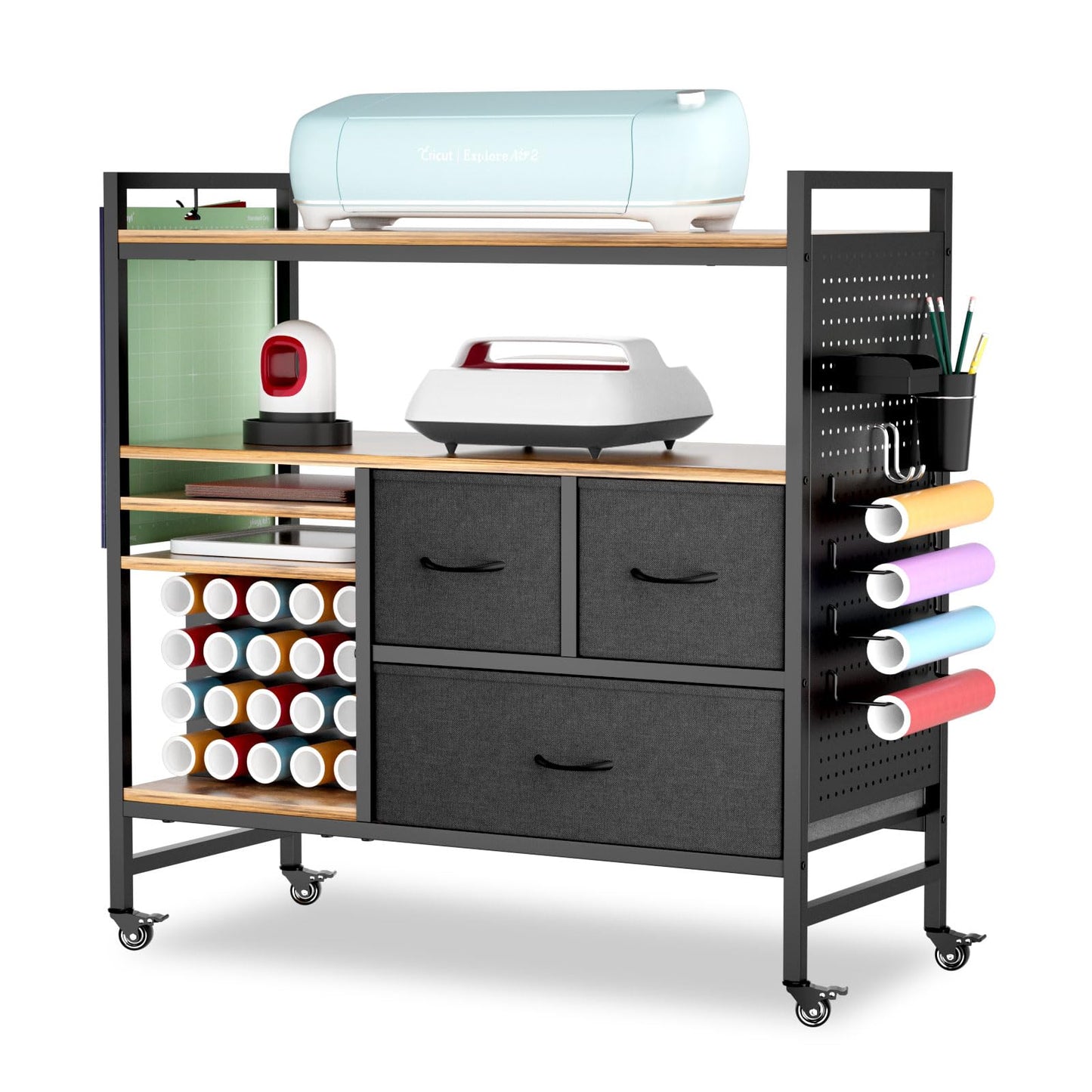 PUNLUXU Organizers and Storage Compatible with Cricut Machines - Vinyl Roll Holder, DIY Pegboard with Accessories Organizer, Rolling Craft Table with Storage Cabinet Workstation PU-03 Patent Protected